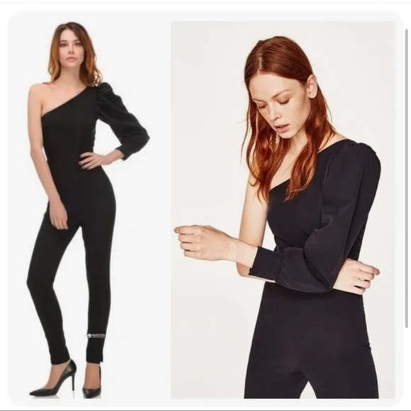 ZARA black One shoulder Puff Sleeves jumpsuit size Medium - Picture 1 of 16